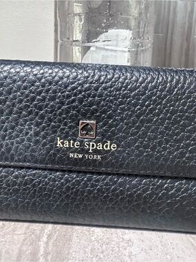 kate spade Black Pebbled Leather Wallet with Gold Logo